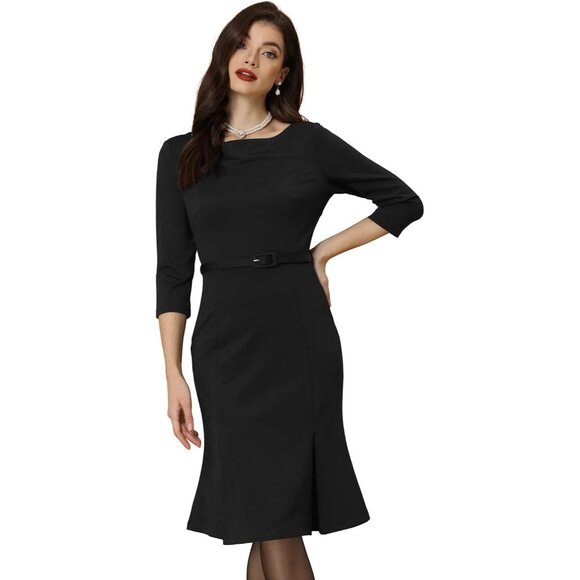 Women's Midi Pleated Dress Black Boat Neck 3/4 Sleeve Work Funeral